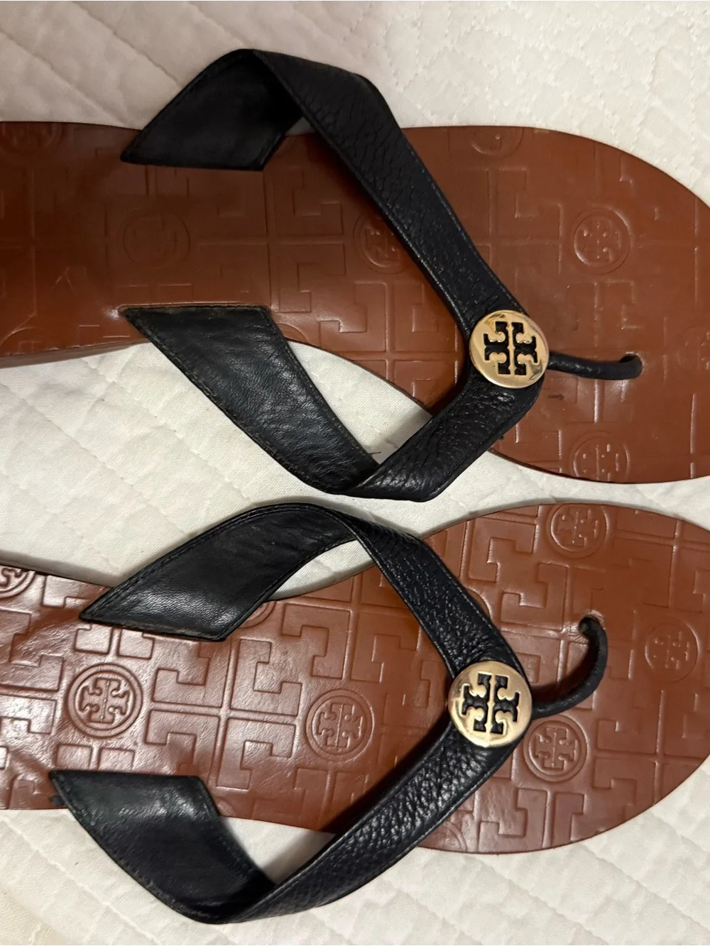 Tory Burch Black Leather Thong Sandals with Gold Logo